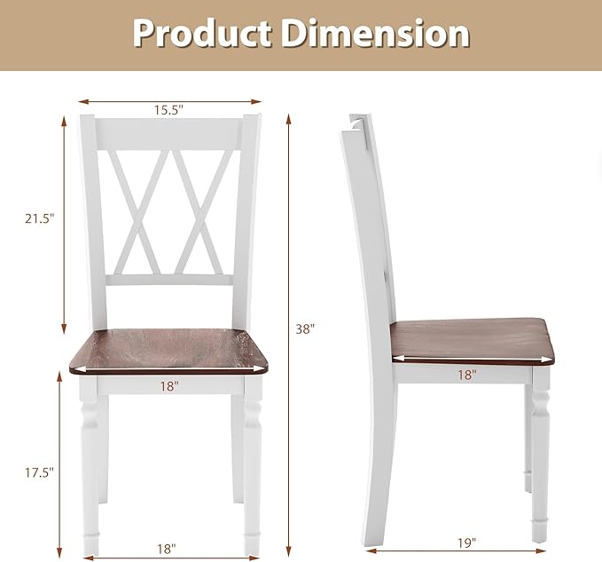 POWERSTONE Wooden Dining Chairs Set of 4, Farmhouse Kitchen Chair with High Backrest, 360 lbs Armless Dinette Seat for Kitchen, Dining Room, Living Room, White and Walnut