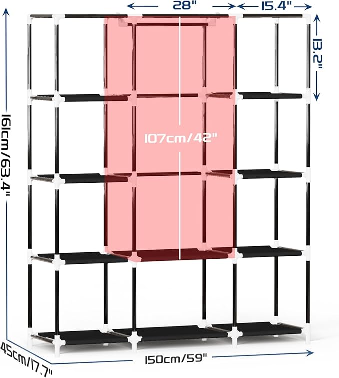 Mavivegue Portable Closet, Wardrobe Closet Organizer with Cover, 3 Hanging Rods and Shelves,Large Capacity for Bedroom, Living Room (Black, 59" W x 18" D x 64" H)
