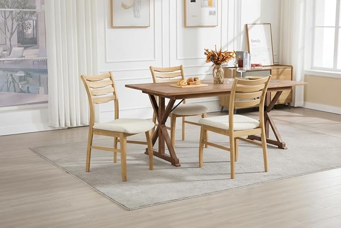 DUOMAY Farmhouse Dining Chairs Set of 2, Fur White Upholstered Side Chairs Solid Wood Ladder Back Kitchen Chairs for Home Dining Room, Light Browm Frame