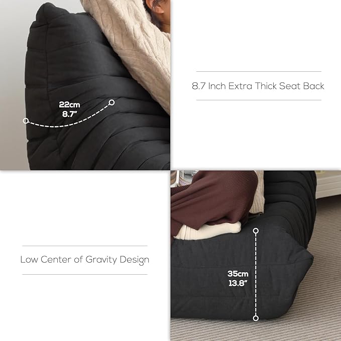 N&V Fireside Mid Century Armless Floor Sofa, Soft Premium Microfiber Lounge Chair, Foam Accent for Living Room Bedroom and Office (Black, Loveseat)