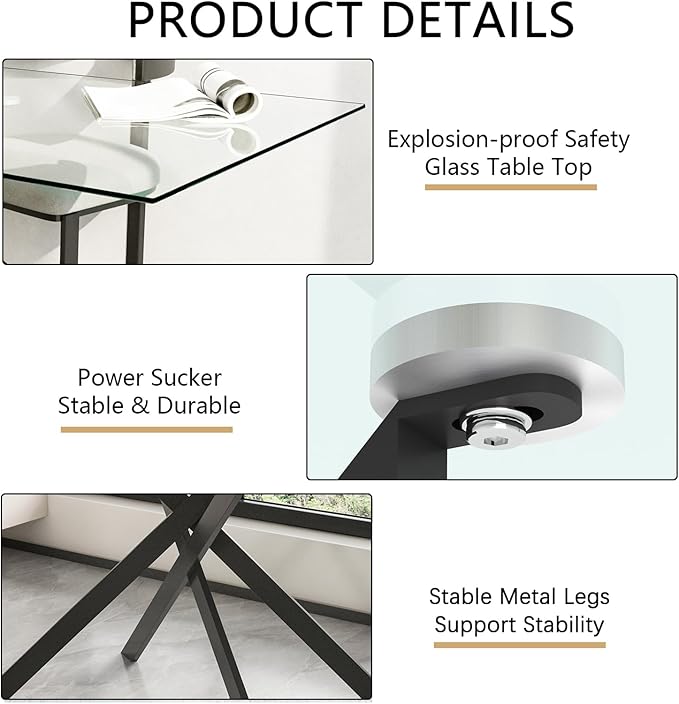 51" Rectangular Glass Dining Room Table for 4 with Tempered Glass Top and Black Metal Legs, Modern Clear Kitchen and Dinner Table for Home Office Dining Room