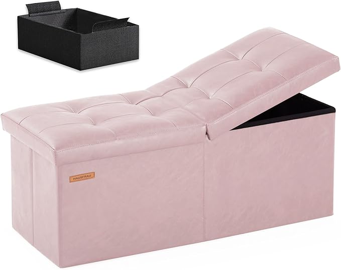 HAUSFRAU 31.5 Inches Ottoman with Storage Bench, Folding Ottoman Bench Small Foot Rest Stool, Bedroom Bench with Flipping Lid, Faux Leather Pale Pink