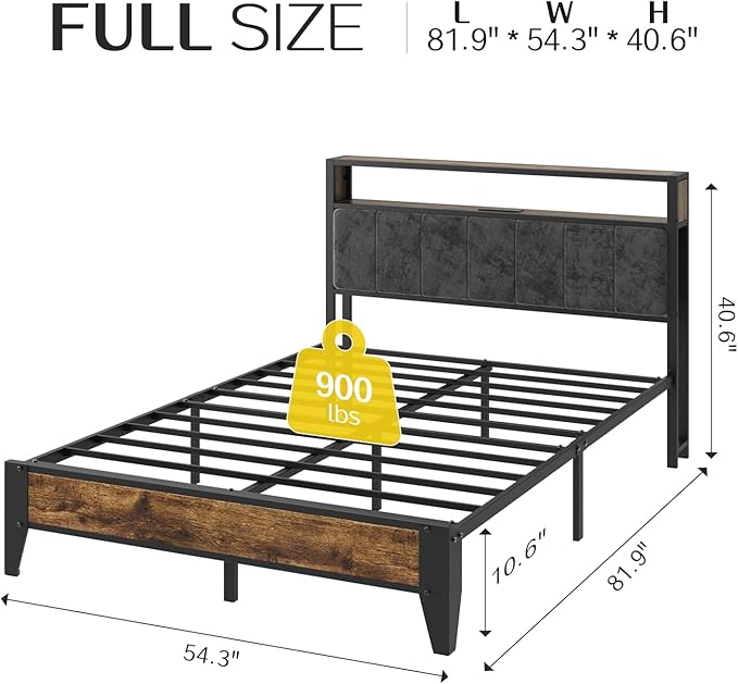 OLEVS Full Bed Frame with Headboard, Metal Platform Bed Full Size with 2-Tier Storage, LED Light & Charging Station Type C, No Box Spring Needed