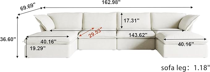 Cloud Modular Sectional Sofa,165.2" Down Filled U Shaped Sofa Couch for Living Room,Minimalist Wide Deep Seat Convertible Couches,Sofa Covers Washable&Replaceable (4 Seater and 2 Ottoman,White)