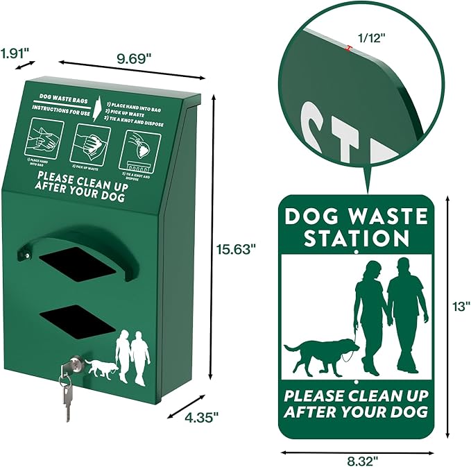 Aluminum Outdoor Dog Bag Dispenser with Pick Up After Your Dog Sign - Wall Mounted Poop Bag Dispenser for Pet Waste -Included Lock and Mounting Hardware