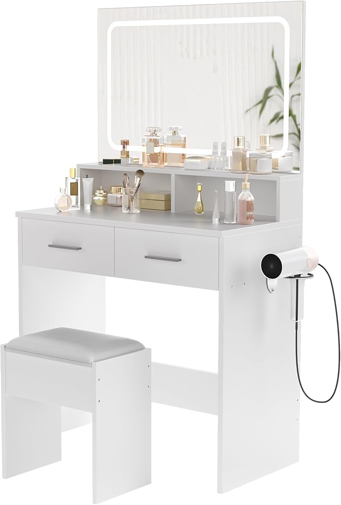 GarveeHome Vanity Desk with Mirror and Lights, 3 Color Modes Makeup Vanity with Cushioned Stool, 2 Drawers & Charging Station, Modern Dressing Table for Bedroom, Makeup Studio, White