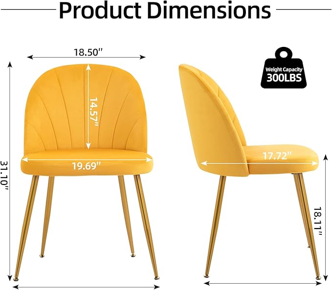 Velvet Dining Chairs Set of 6, Upholstered Mid Century Modern Dining Chairs, Armless Accent Chair with Metal Gold Legs for Living Room, Kitchen, Dining Room, Yellow