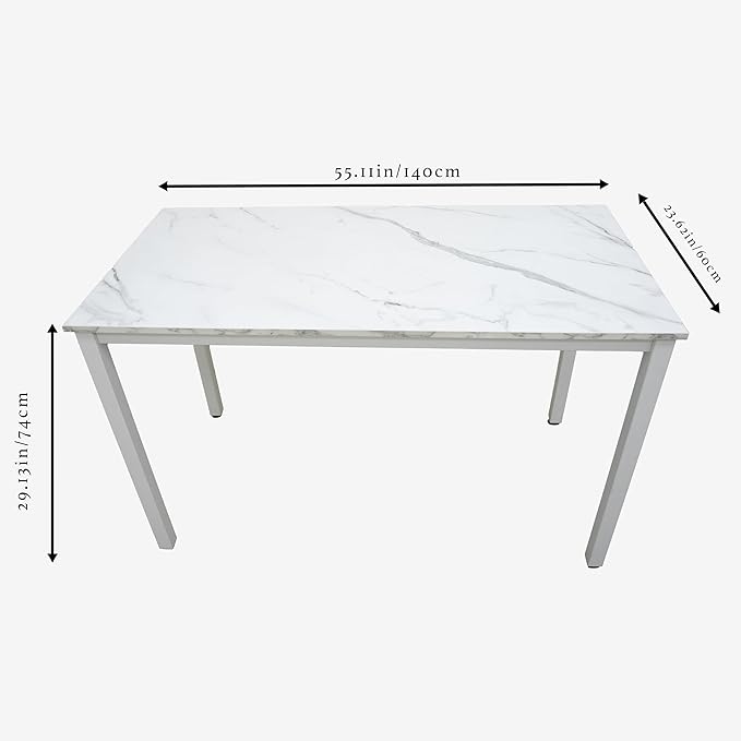 55 inch Large Computer Desk Wood, Modern Simple Style Desk for Home Office, Bedroom, Study Student Writing Desk, Small Spaces, White Metal Frame, Marble Grain Top