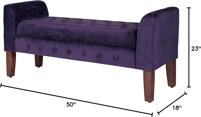 HomePop Velvet Tufted Storage Bench Settee with Hinged Lid, Purple 50" x 18" x 23"