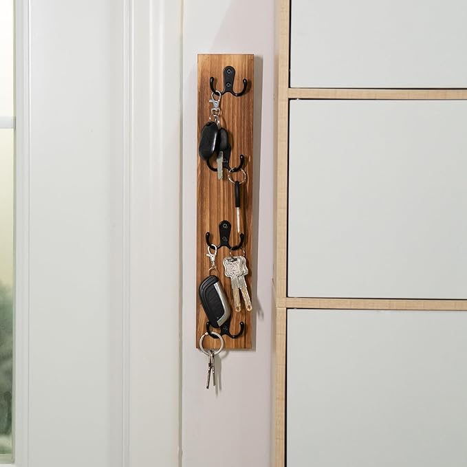Vertical Key Holder for Wall - Mounted Wooden Key Rack Organizer with Hooks for Home Entryway, Laundry Room & Garage - Perfect Space-Saving Storage Solution for Keys, Wallets & Pet Leashes