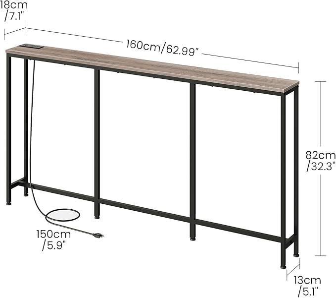 62.99" Narrow Console Table with Power Outlet 7.1" Skinny Sofa Table, Long Behind Couch with Charging Station for Hallway, Living Room Greige and Black TXG16UBG