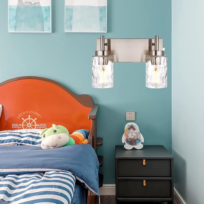 BONLICHT Bathroom Light Fixtures Modern 2 Light Brushed Nickel Vanity Light Wall Sconces Contemporary Metal Wall Lights with Clear Water Glass Shade,Industrial Farmhouse Porch Hallway Wall Mount Lamp