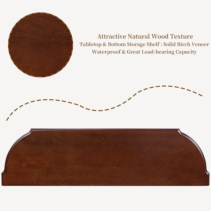 HMFULE Solid Wood Retro Curved Console Table, 43" Half Moon Console Table Sofa Table Entryway Table with 3 Drawers Open Shelf Pine Roman Legs Curved Corners for Living Room,Entryway,Hallway,Cherry