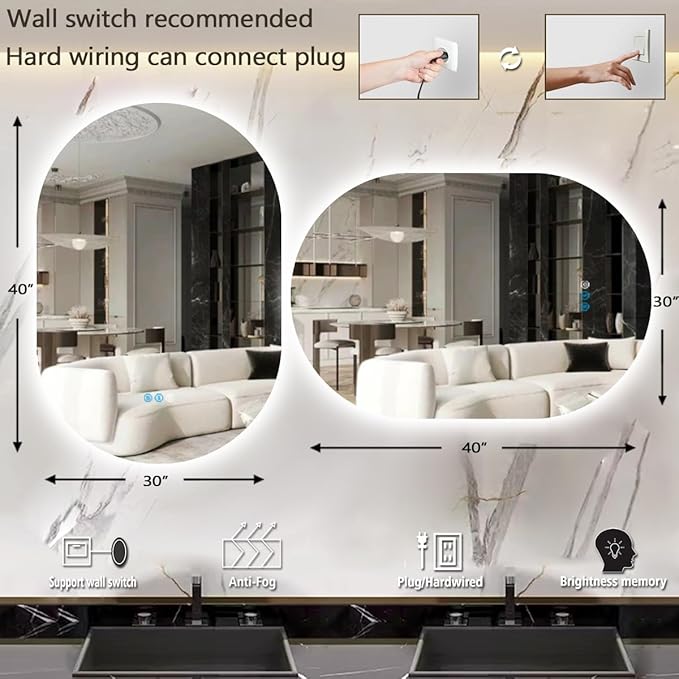 THEKLA 30 x 40 Inch Oval Lighted Vanity Mirror with Lights Backlit Smart Memory 3 Color Dimmable AntiFog 40" Frameless LED Oval Backlit Mirror for Bathroom Salon Makeup Wall Vertical/Horizontal Mount