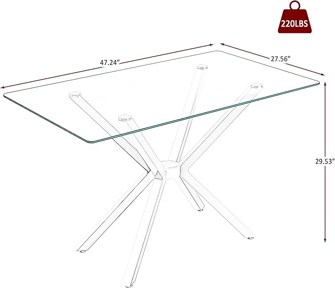 47" Tempered Glass Dining Table for 4, Modern Kitchen Table Rectangle Top, Geometric Metal Leg, for Apartment Dining Room Restaurant (Silver)