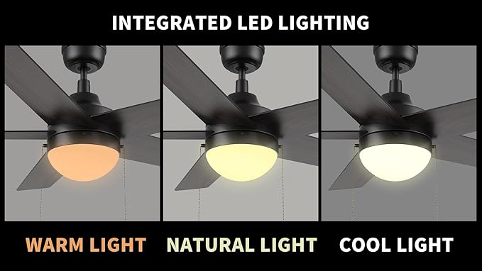 CEME 52" Ceiling Fan with Light Low Profile, DC 5 Speeds Silent Ceiling Fan with Remote, 5 Dual Finish Blades, 3 Light Colors Dimmable LED for Bedroom Room, Black