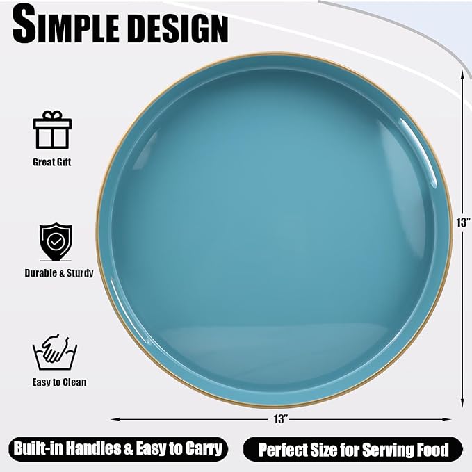 Teal Blue Round Decorative Tray with Handles, 13" Elegant Coffee Table Serving Tray for Ottoman Living Room, Bathroom, Outdoors, Breakfast