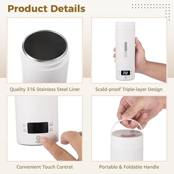 Portable Travel Electric Kettle, 16.9 oz Tea Kettle, 316 Stainless Steel Liner, 4 Temperature Settings, LCD Display, Auto Shut-Off & Fast Boiling, Mini Water Boiler for Home, Office