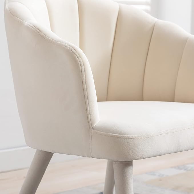 Velvet Dining Chairs Set of 2 Modern Living Room Chairs with Petal Back & Wood Legs Comfy Upholstered Side Chair for Dining Room/Bedroom/Vanity, Cream