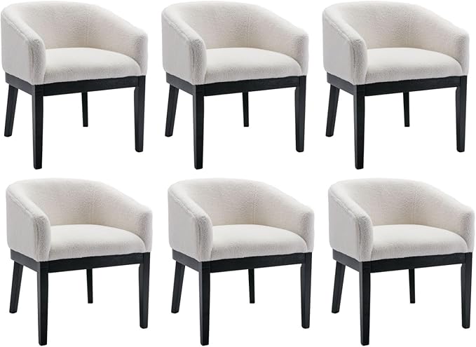 White Mid Century Modern Dining Chairs Set of 6, Farmhouse Boucle Upholstered Accent Curved Backrest Kitchen Chairs Armchairs with Black Wood Legs, White