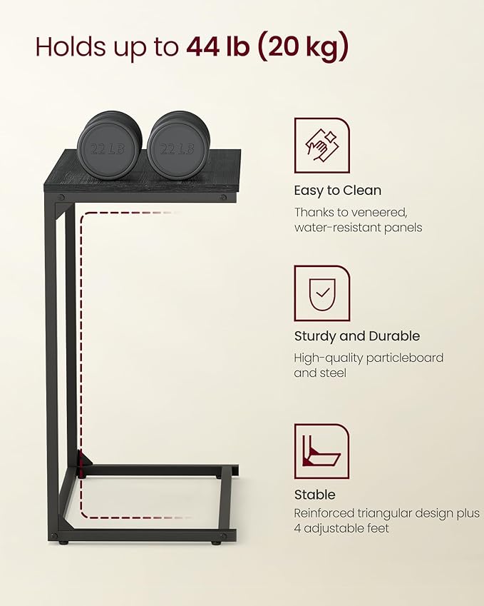 VASAGLE C Shape End Table, Small Coffee Table For Couch Or Sofa, Industrial Side Table In Living Room, Bedroom, 13.8 x 21.7 x 26 Inches, Ebony Black ULNT052B56