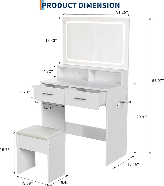 GarveeHome Vanity Desk with Mirror and Lights, 3 Color Modes Makeup Vanity with Cushioned Stool, 2 Drawers & Charging Station, Modern Dressing Table for Bedroom, Makeup Studio, White