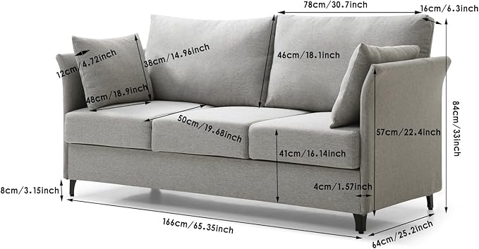 Mid Century Modern Sofa 3 Seat Couch 65.35" W Deep Seat Sofa for Living Room, 3 Person Seater Fabric Couch Sofa Comfy Sleeper Sofa for Apartment Bedroom
