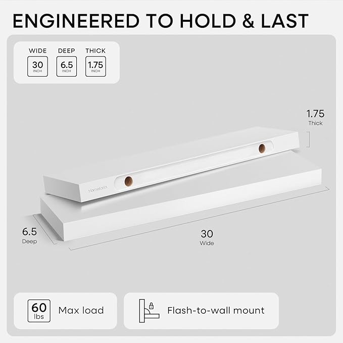 Homeforia White Floating Shelves 30 inch, High End Solid Real Wood 30inch Floating Shelf for Wall Mounted, White Wooden 30in Long Floating Shelves, Heavy Duty Bracket, 30 X 6.5 X 1.75 inches, Set of 2