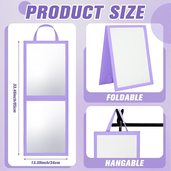 Foldable Portable Full Length Mirror for Dorm Dance Backstage Camping Travel Hanging Folding Makeup Body Mirror for Dancers Artists Home Aestheticians Spa(Purple,33.5" X 13.4")