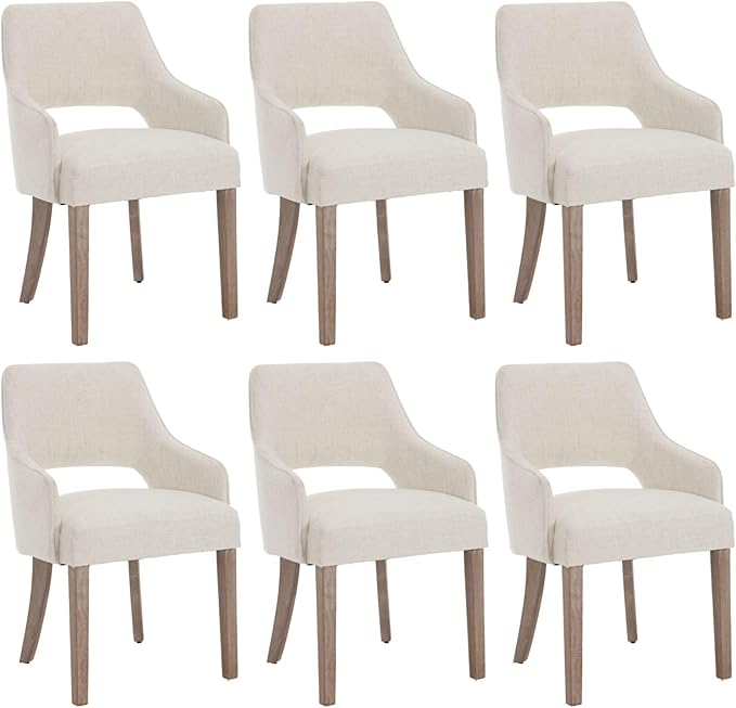 Linen Dining Chairs Set of 6, Upholstered Farmhouse Kitchen Chair Accent Chairs Side Chair with Wood Legs for Living Room/Dining Room/Bedroom/Restaurant, Upgraded Size, Cream