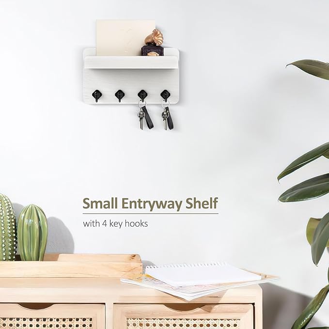 Nekon Key Holder Wall Mount, 8.5 Inch Small Home Decor Wooden Wall Organizer with 4 Hooks and Shelf, Key and Mail Holder for Living Room Entryway Kitchen(White)