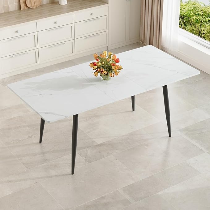 59"-75" White Extendable Dining Table for 6–8, Modern Rectangular Kitchen Dining Table with Black Metal Legs, Durable MDF Top, Space-Saving Expandable Dinner Table for Dining Room or Apartment