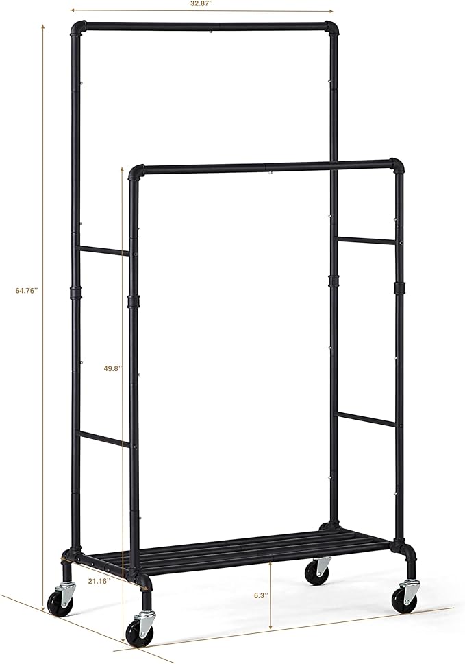 SunnyPoint Industrial Loft Style Rolling Garment Rack - Rolling Clothes Organizer (Double Rack)
