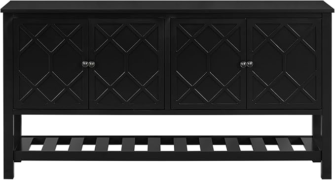 Elegant 60'' Entryway Console Table with 4 Doors and Functional Bottom Shelf, Wood Storage Cabinet Sideboard for Dining Room Living Room Office (Black-HK)