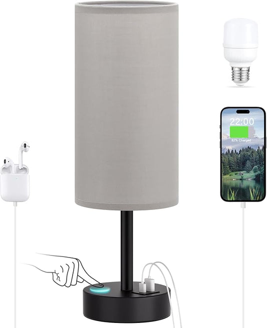 Dicoool Grey Touch Bedside Lamp with USB - 3 Way Dimmable Table Lamp for Bedroom, Nightstand Lamp with Black Charging Station for Desk Dorm, Office, Boy Kids Room, Small