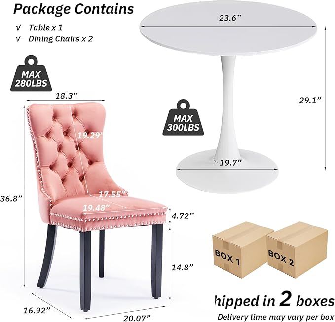 SoarFlash Kitchen Table and Chairs for 2, 24" Dining Table Set for 2 with Velvet Upholstered Chairs, 3 Piece Round Kitchen Table Set, Dining Room Table Set for Small Space, Apartment