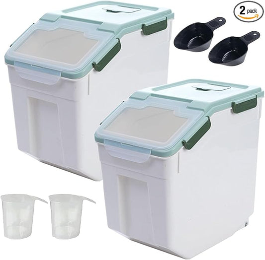50 lbs Flour Storage Container, 2 Pack Rice Storage Container with Measuring Cup & Scoop, Pet Food Storage Container Dog Cat Food Bin, Green