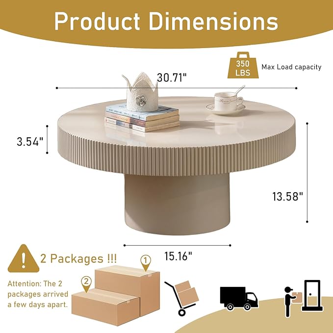 Round Drum Coffee Table 30.71" Handcrafted Fluted Drum Coffee Table Mid Century Accent Tables Modern Luxury Circle Center Table Vintage Farmhouse Center Table for Living Room (White Thin)