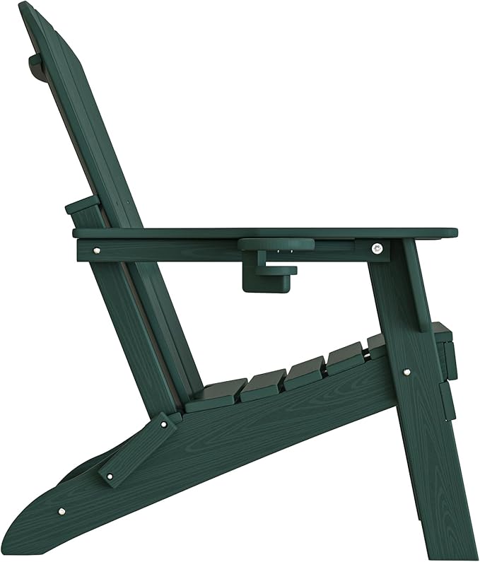 Plawdlik Folding Adirondack Chair, SGS Tested, Wooden Textured with Cup Holder, Heavy All-Weather HDPE Comfortable Set Poolside Backyard Lawn Green