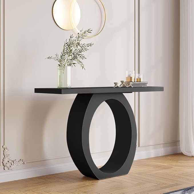 LOVEDIMA 39.4" Modern Entryway Console Table - Slim White Wooden Design with Circle Base, Space-Saving for Hallway, Living Room & Small Spaces (Easy Assembly) (Black)