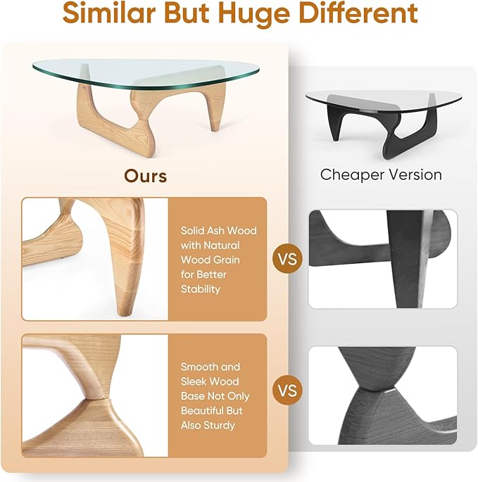 Noguchi Table Triangle Glass Coffee Table Vintage Glass End Table, Solid Wood Base & Triangle Clear Glass Top Modern End Table for Living Room, Patio, Study