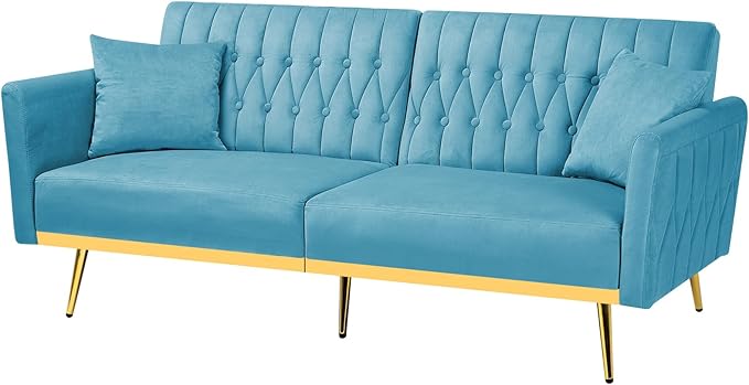 70” Velvet Futon Sofa Bed with 2 Pillows and Adjustable Armrests, Convertible Sleeper Bed W/Adjustable Backrests, Modern Loveseat for Living Room, Bedroom, Baby Blue