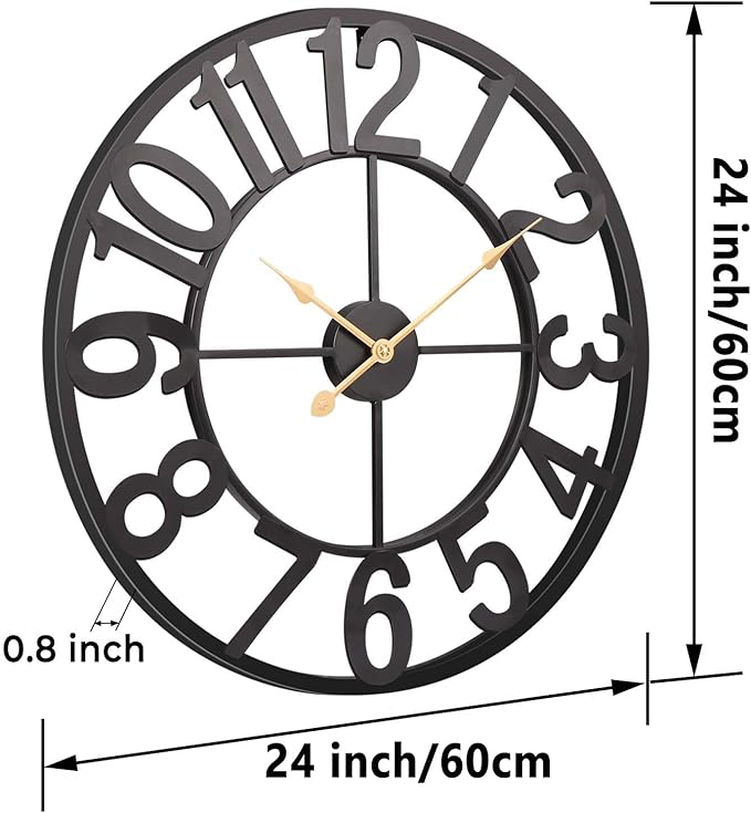 Vantic 24 Inch Large Wall Clock, Arabic Numeral Metal Oversized Wall Clocks for Living Room Decor, Bedroom and Kitchen, Completely Silent, Non Ticking, Battery Operated