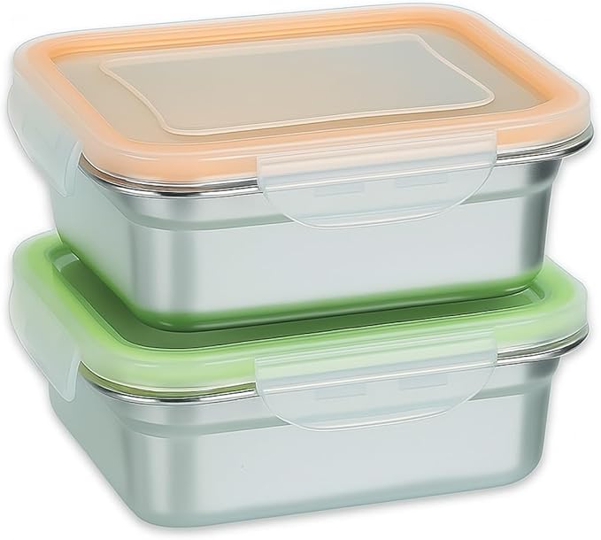 Set of 2 Stainless Steel Sandwich Containers - Food Grade Metal Base with a BPA Free Leakproof & Airtight Silicone Seal Lid. Great for Sandwiches, Snacks, Meal Prep & Food Storage - Orange/Green