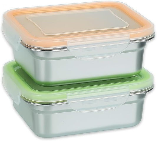 Set of 2 Stainless Steel Sandwich Containers - Food Grade Metal Base with a BPA Free Leakproof & Airtight Silicone Seal Lid. Great for Sandwiches, Snacks, Meal Prep & Food Storage - Orange/Green