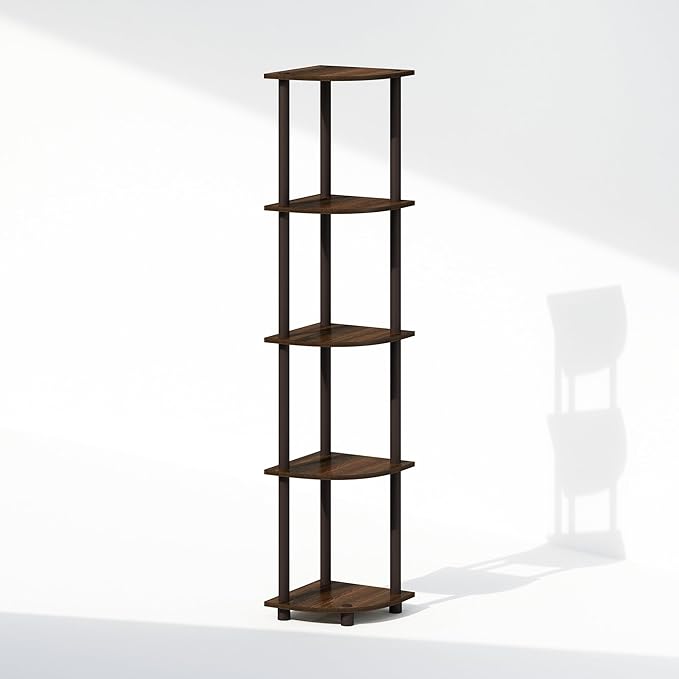 Furinno Turn-N-Tube Storage Shelves, 5-Tier Book Shelf, Corner Shelf, Toolless Open Shelves, for Organization and Storage, Living Room, Home Office, Hallway, Bedroom, Walnut