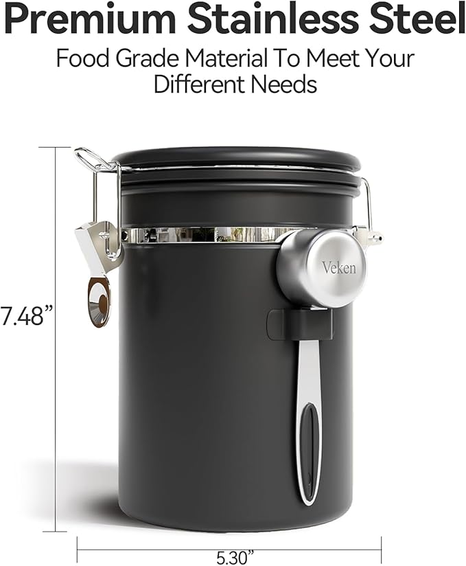 Veken Coffee Canister with Window,Airtight Stainless Steel Pantry Container,Home Kitchen Food Storage Organizers for Ground,Beans,Espresso,Rice,Tea,Sugar,Cereal, Flour,Bar Accessories,Gifts,22OZ,Black