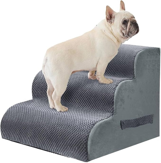 PAWSCART Dog Stairs for Small Pets, 17.7" H with 30D Material Soft Foam, Portable Ramp Non-Slip Surface Non-Slip for Couch and High Bed Climbing, 3-Step Stairs for Cat or Dog, Grey
