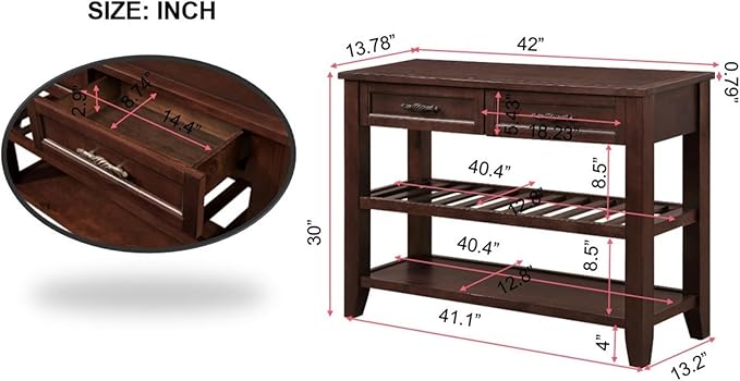 KEIKI 42”L Pine Solid Wood Entryway Console Table with 2 Storage Drawers, Mid-Century Retro Behind Couch Sofa Table with 2 Tiers Open Shelf for Hallway, Entrance, Entry Way, Living Room, Foyer