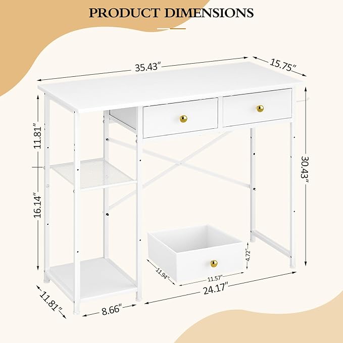 White Vanity Desk Without Mirror for Bedroom, Makeup Desk with 2 Fabric Drawers, Vanity Desk with Iron Hook, 36 Inches Vanity with Storage, White
